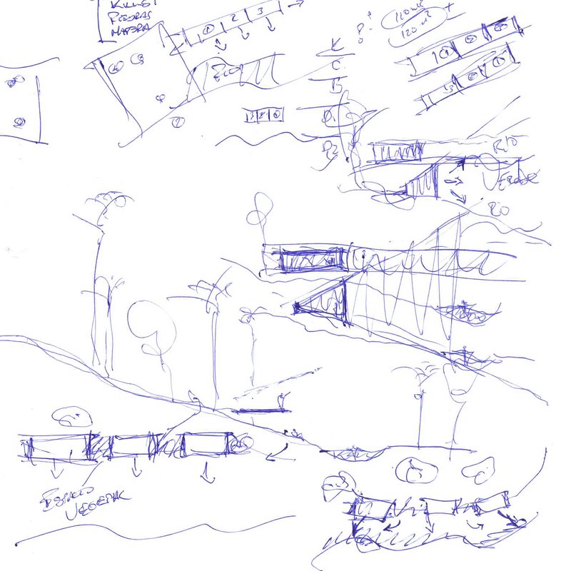 Pen sketch exploring spatial relationships between platforms, slopes, and terraced volumes with handwritten notes