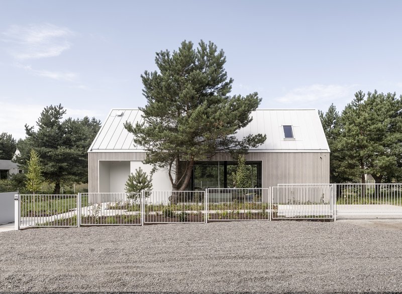 Street view of the corrugated metal facade with white picket fence and mature pine trees