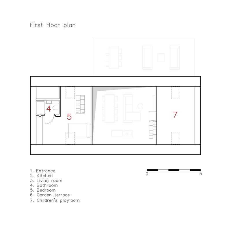 First floor plan drawing showing bathroom, bedroom, and children's playroom with two staircases