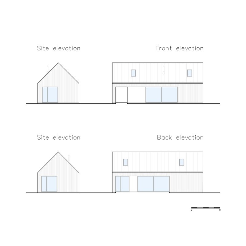 Elevation drawings showing front, back, and site views with pitched roof and flat roof volumes