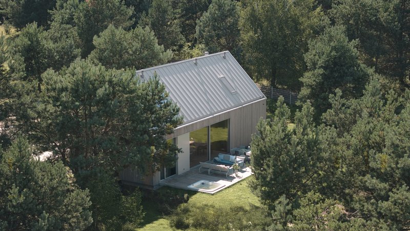 Aerial view of the gabled volume with corrugated metal roof nestled among pine trees