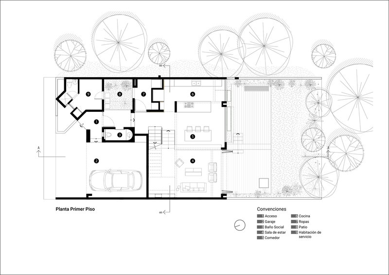 Floor plan drawing showing garage, living spaces, and outdoor terrace with tree canopies