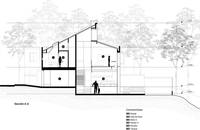 Section drawing revealing split-level spaces connected by stairs with human figures and trees in silhouette