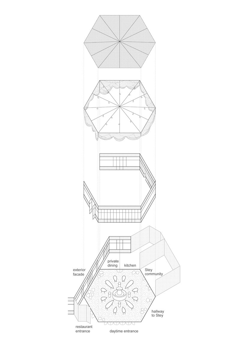 Exploded axonometric drawing showing four vertical levels of a hexagonal pavilion with central radial pattern