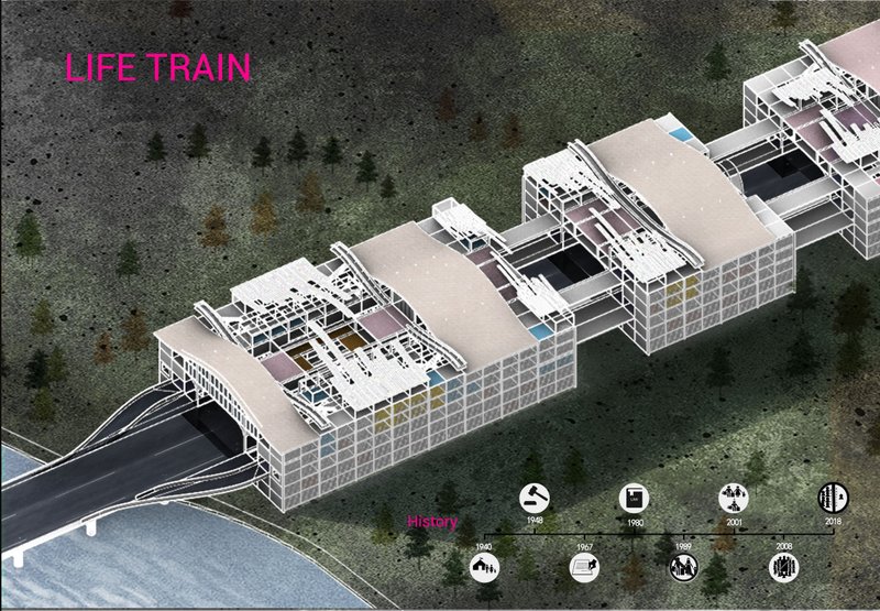 Life Train modular refugee housing system bridging border infrastructure with adaptive, expandable architectural units.
