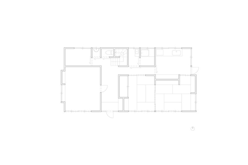 Floor plan drawing illustrating a rectangular residence with subdivided rooms on the right and open area on the left