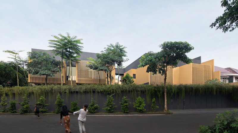 Long elevation showing lattice screens and ochre walls behind dense street-level planting with pedestrians passing
