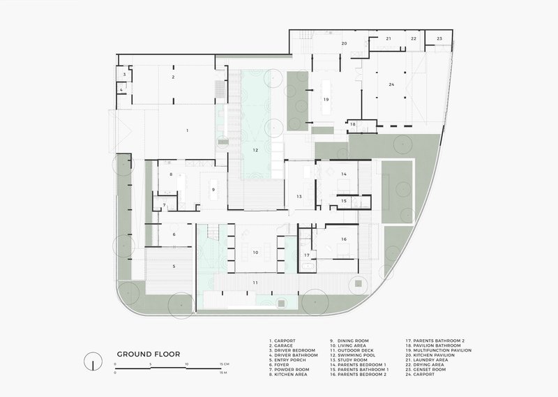 Ground floor plan showing the layout of rooms around a central swimming pool and outdoor deck