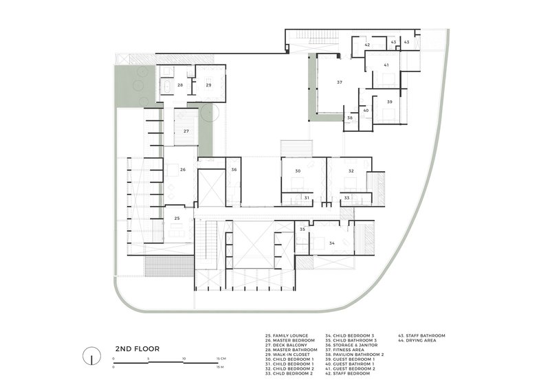 Second floor plan drawing depicting bedroom clusters arranged around a double-height void and balcony