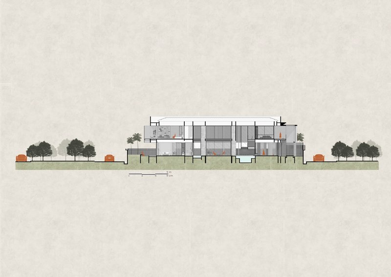 Longitudinal section drawing showing the three-story structure with interior spaces and adjacent context buildings and trees