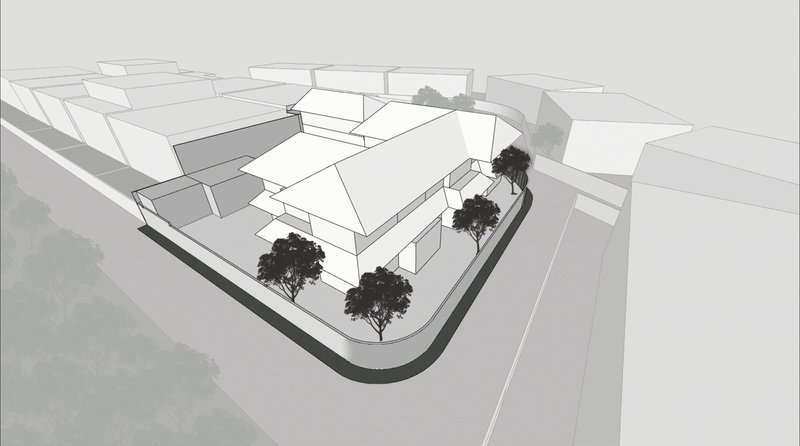 Axonometric drawing showing a residential cluster with courtyards and a row of trees along the street edge