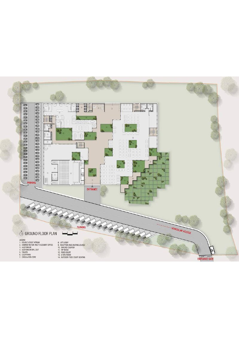 Ground floor plan with stepped terraces and green courtyards adjacent to tree-lined street