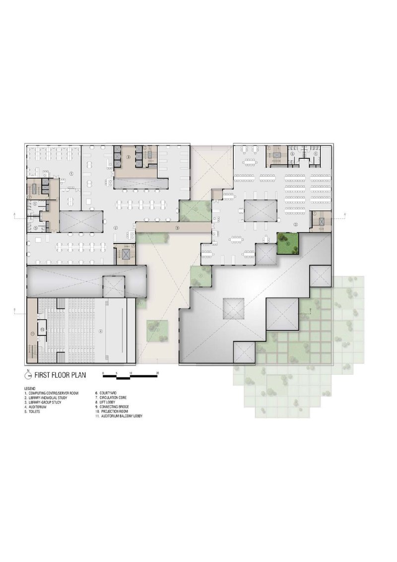 First floor plan showing classrooms and planted courtyards extending into pixelated landscape grid