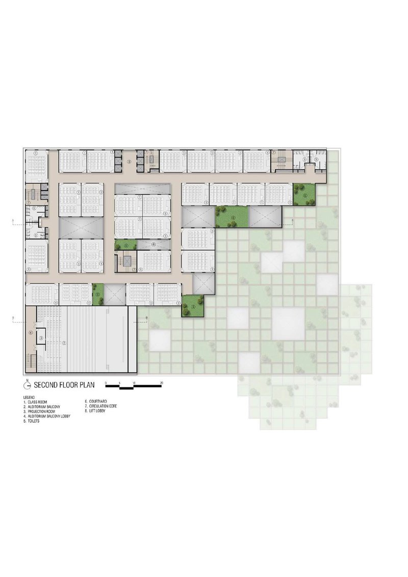 Second floor plan with classrooms arranged around internal courtyards and exterior stepped terrace landscape
