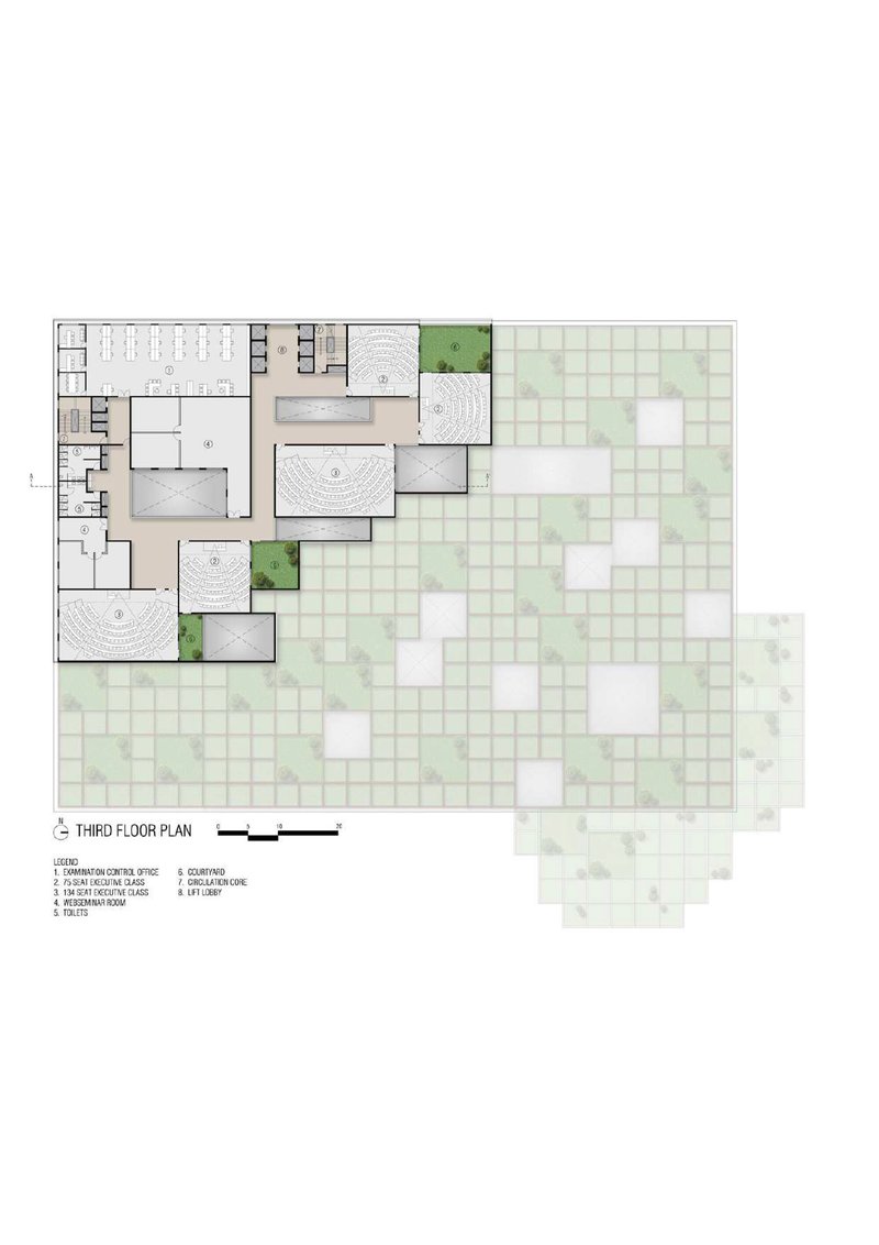 Third floor plan showing reduced building footprint with stepped terraces and grid landscape pattern