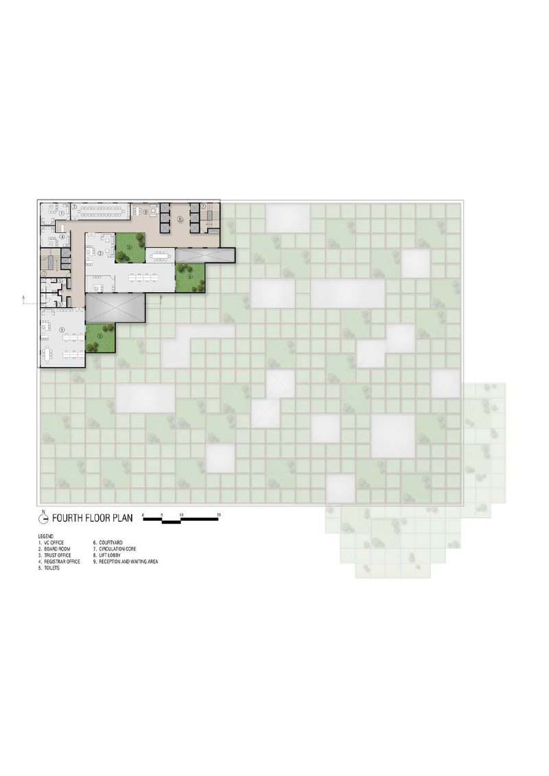 Fourth floor plan with minimal interior spaces and extensive terraced grid landscape extending outward