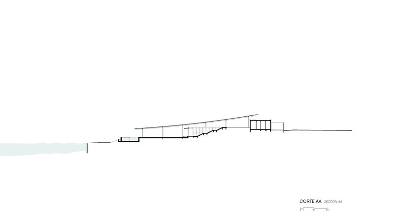 Section drawing showing a building stepping down a sloping terrain with internal volumes at varying levels