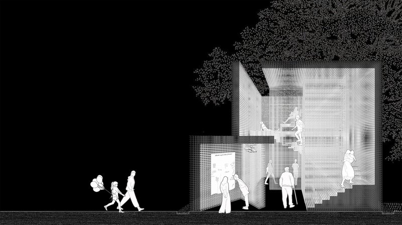 Section drawing in black and white depicting interior spaces with figures and surrounding tree canopy