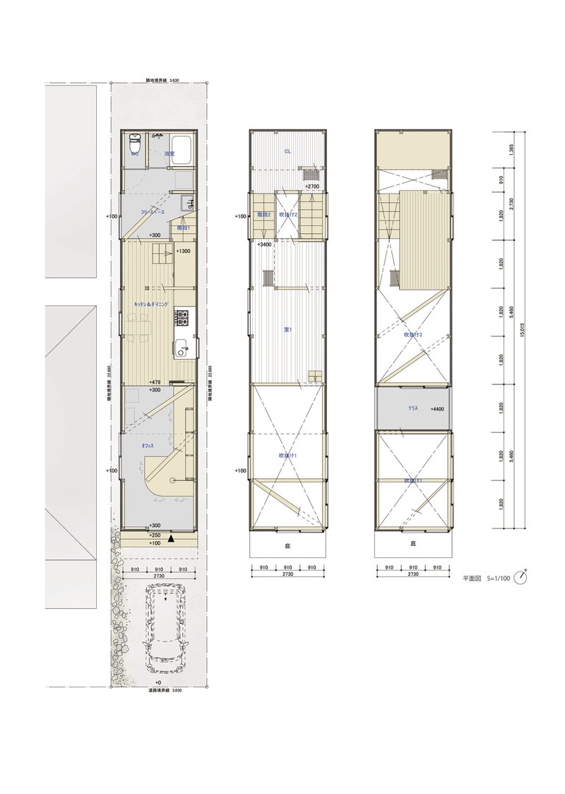 Floor plan drawing showing three levels of a narrow linear house with diagonal stair geometry