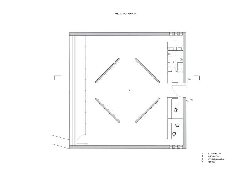 Ground floor plan with central diamond arrangement of slanted elements and service spaces to one side