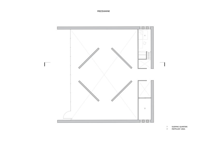 Mezzanine floor plan showing sleeping quarters and diagonal structural elements framing a central void