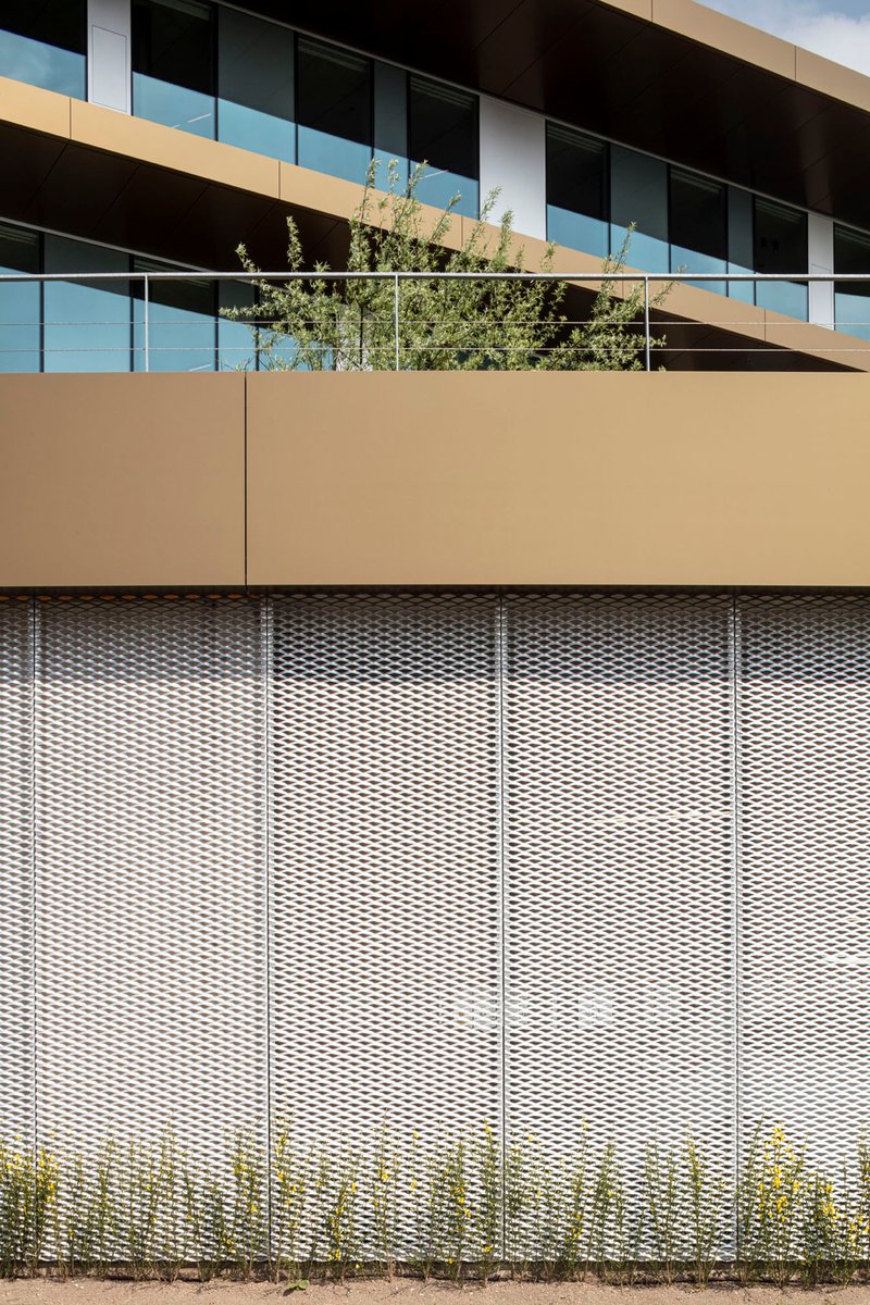 Expanded metal mesh screen below a tan parapet with planted trees visible above