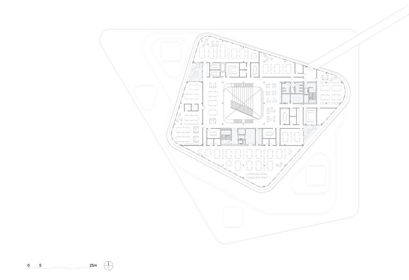 Floor plan drawing showing triangular layout with office spaces and central circulation core