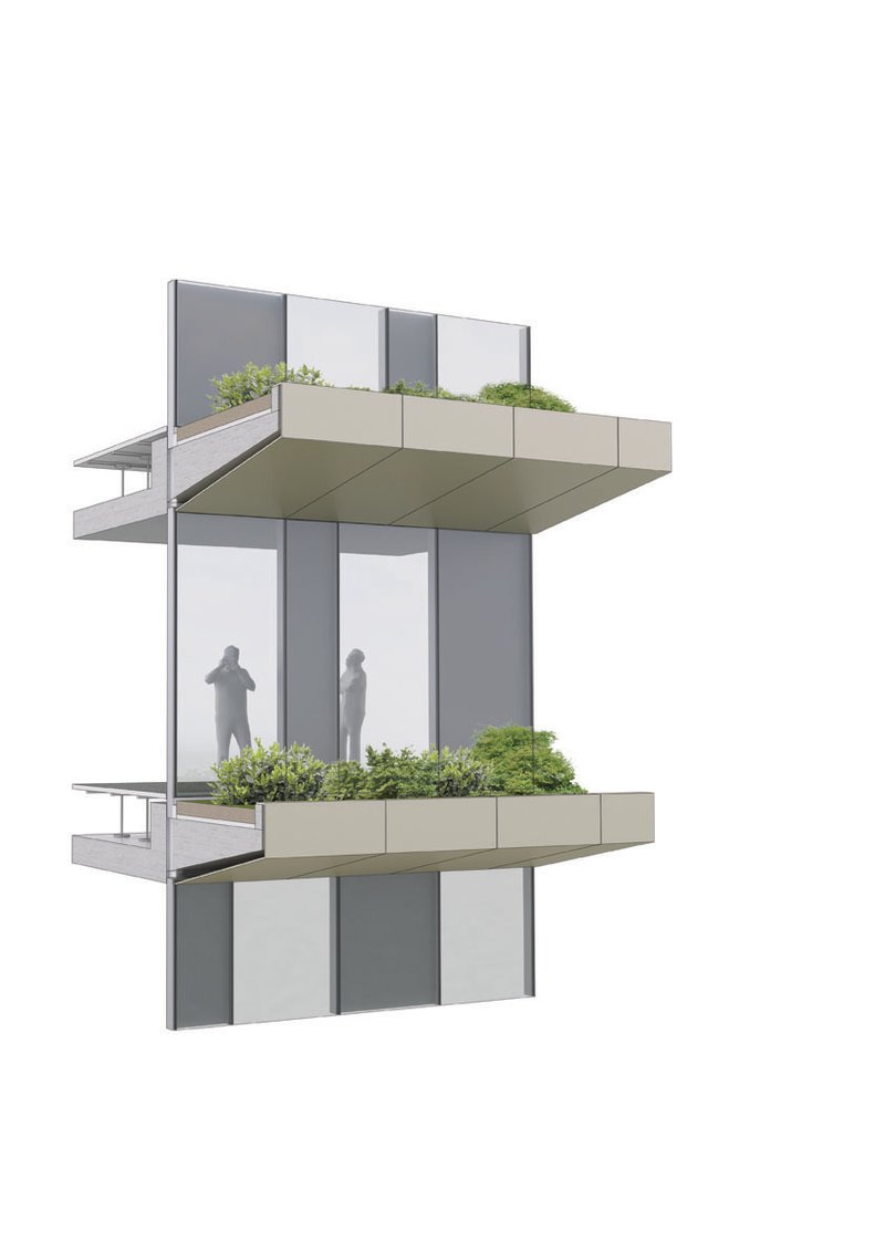 Axonometric detail of a facade module with planted balconies and glazed panels between floors