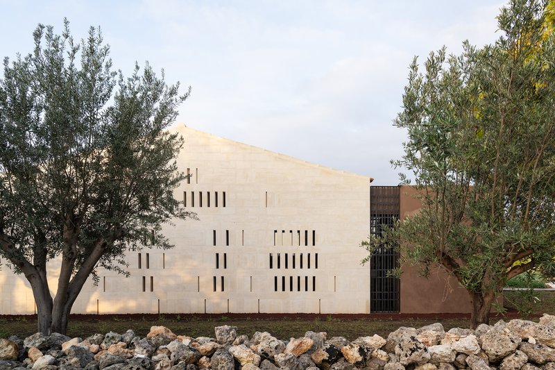 Pale rendered facade with vertical slot windows framed by olive trees and rocky ground