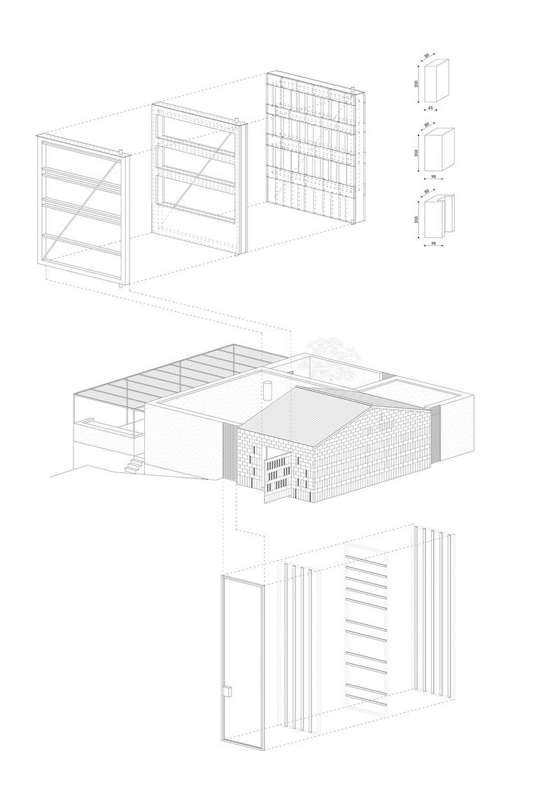 Axonometric drawing showing the facade assembly and spatial organization with louvered panel details