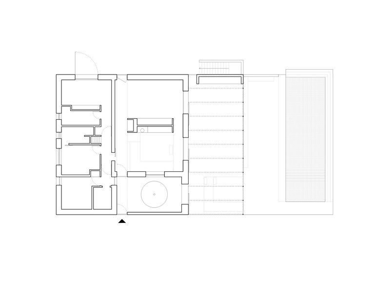 Floor plan drawing showing interior rooms connected to an exterior pool and timber deck