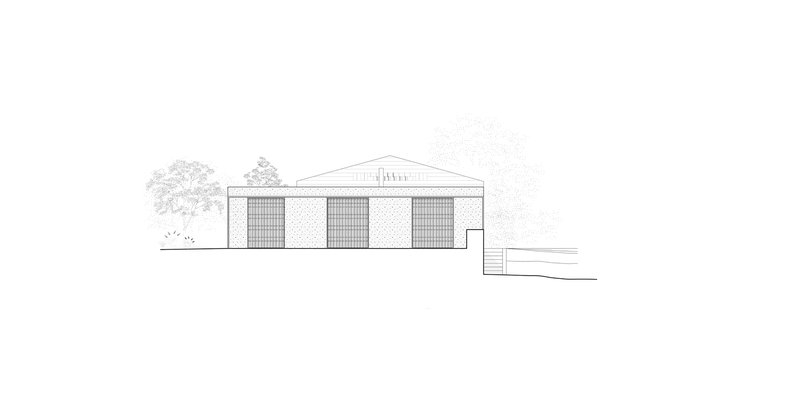 Elevation drawing showing a low-pitched roof structure with three gridded openings and adjacent trees