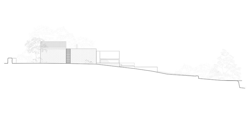 Elevation drawing illustrating interconnected volumes on a descending grade with vegetation