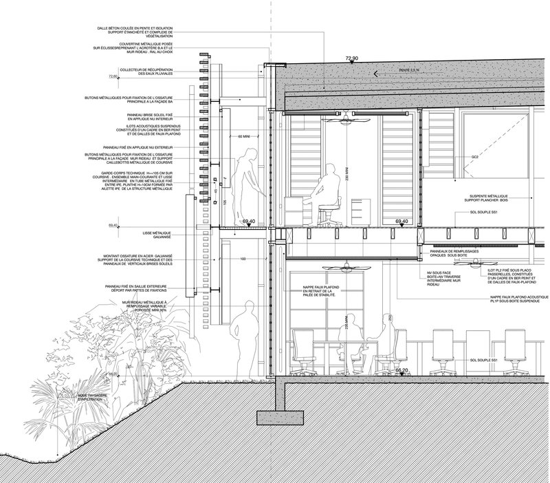 Building section drawing revealing interior spatial organization with planted trees beside a horizontal slatted facade