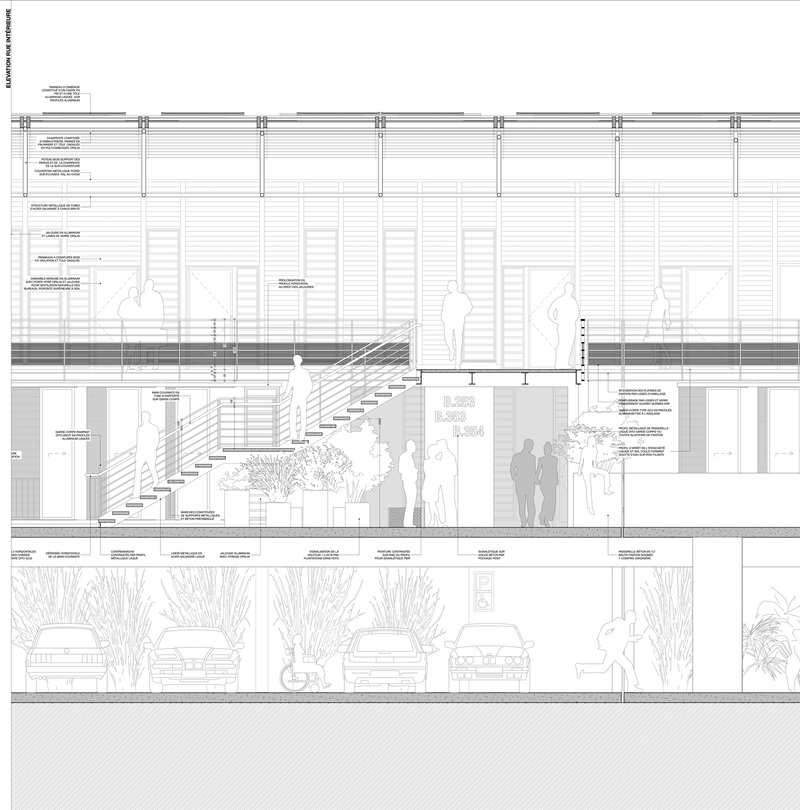 Section drawing showing multi-level spaces with stairs, figures, plantings, and parked vehicles below