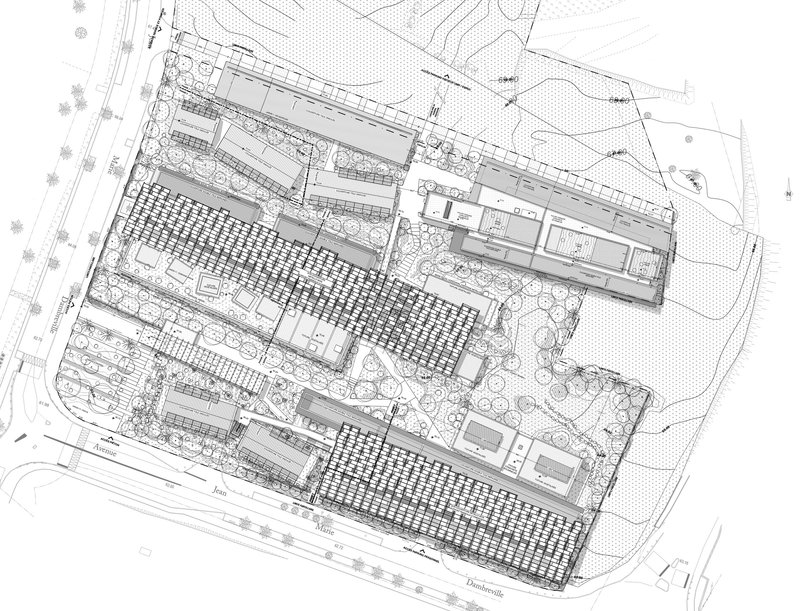 Site plan drawing showing linear building bars with central parking grid and perimeter landscaping