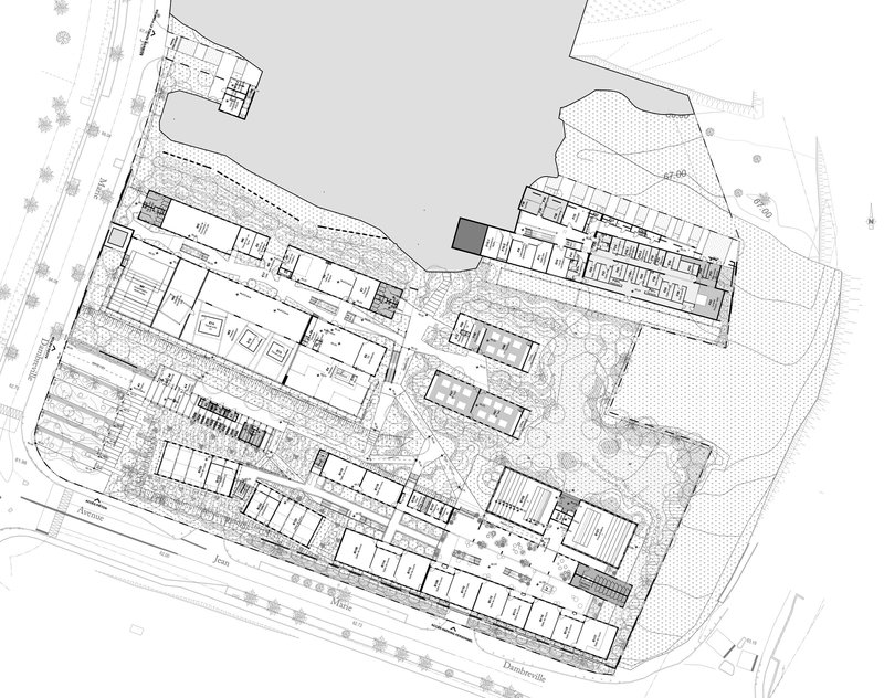 Ground floor plan drawing showing building clusters and central courtyard with scattered tree symbols