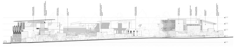 Elevation drawing showing varied building volumes with differing heights and window patterns