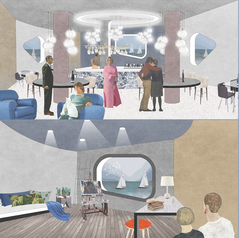 Social and residential interiors blending community living with ocean experience