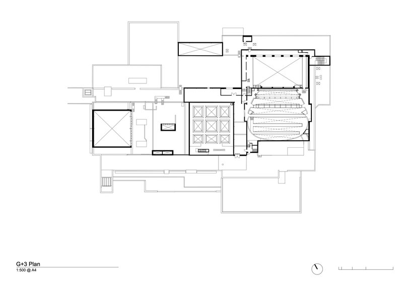 Floor plan drawing showing the domed auditorium with tiered seating and lateral gallery spaces