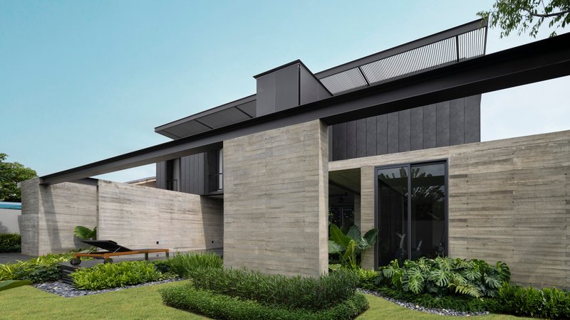 Street-facing corner showing horizontally striated stone walls and dark metal cladding with planted garden beds