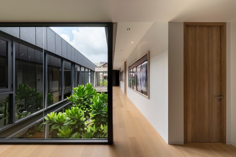 Corridor with timber flooring and glazed wall overlooking a planted courtyard with succulents