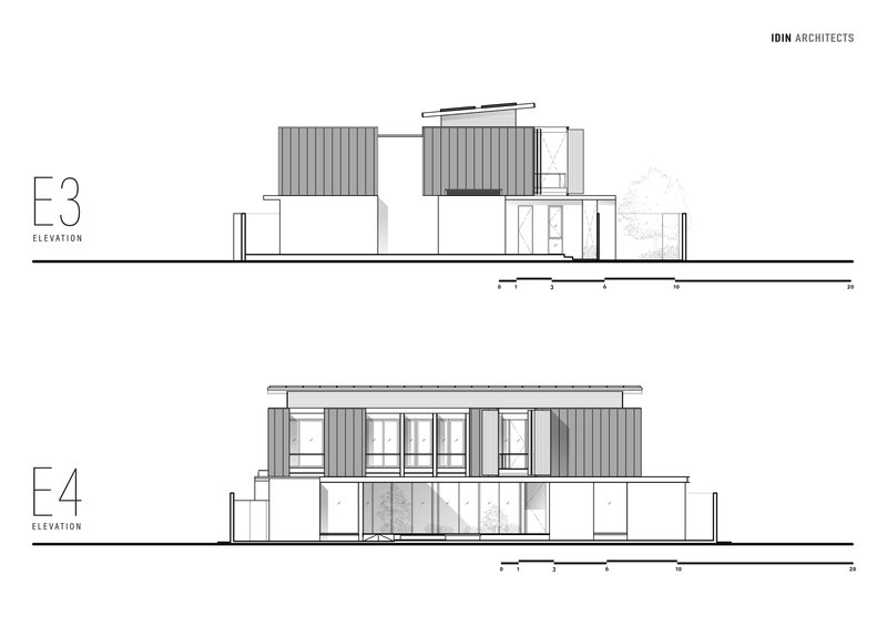 Elevation drawings showing ribbon windows in slatted facades and full-height glazing below