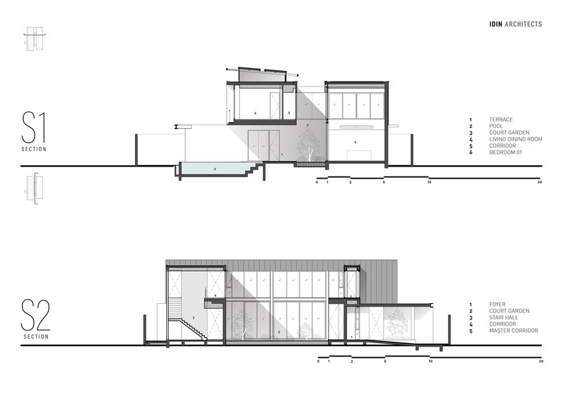 Section drawings revealing split-level interior spaces organized around a central courtyard with trees