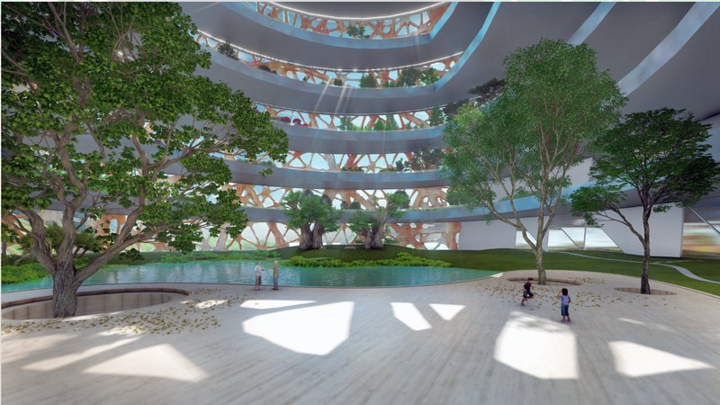 Central communal space with water and vegetation, highlighting human-nature coexistence inside a vertical eco habitat.