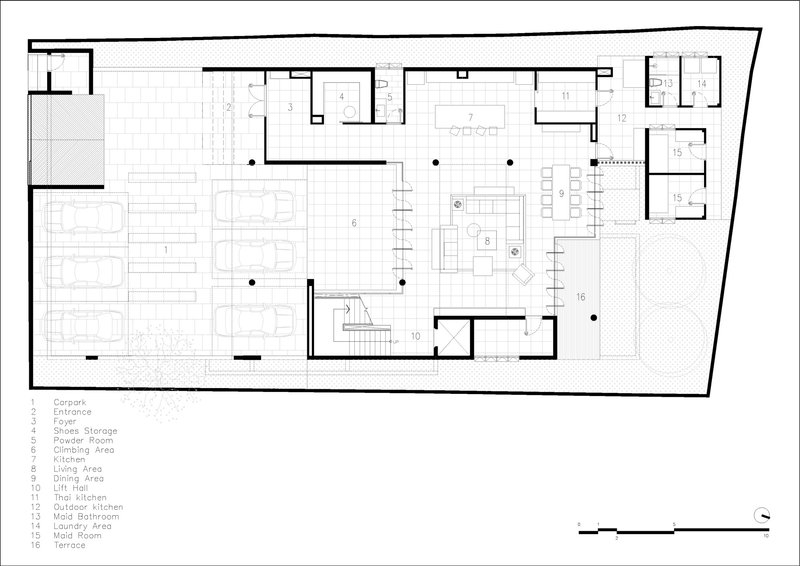 Ground floor plan drawing showing parking area, living spaces, and central staircase