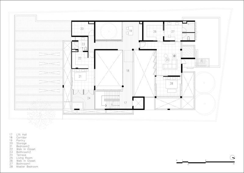 Upper floor plan drawing showing bedroom layout with voids and central circulation