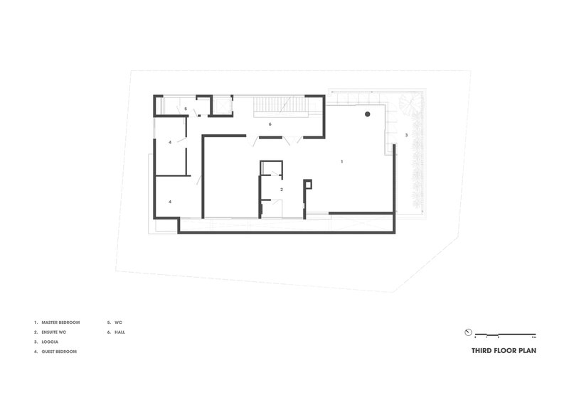 Third floor plan drawing showing master suite and roof terrace with staircase access to upper level
