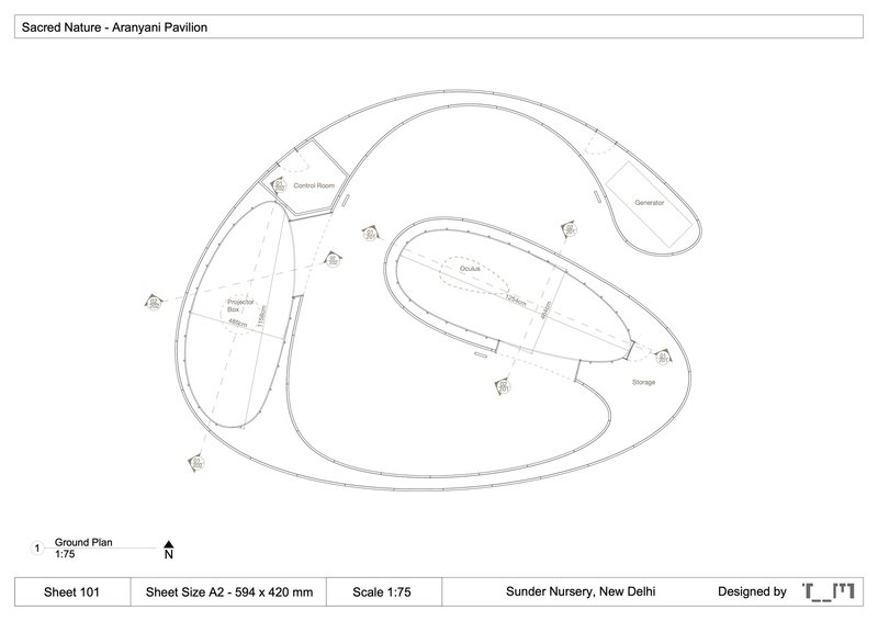 Ground floor plan drawing depicting curvilinear spaces organized around a central courtyard