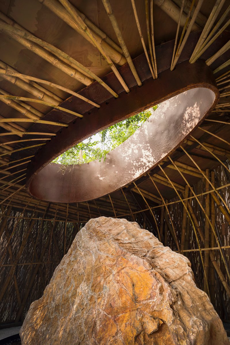 Looking up through oval roof opening with radiating bamboo structure and weathered boulder catching dappled sunlight below